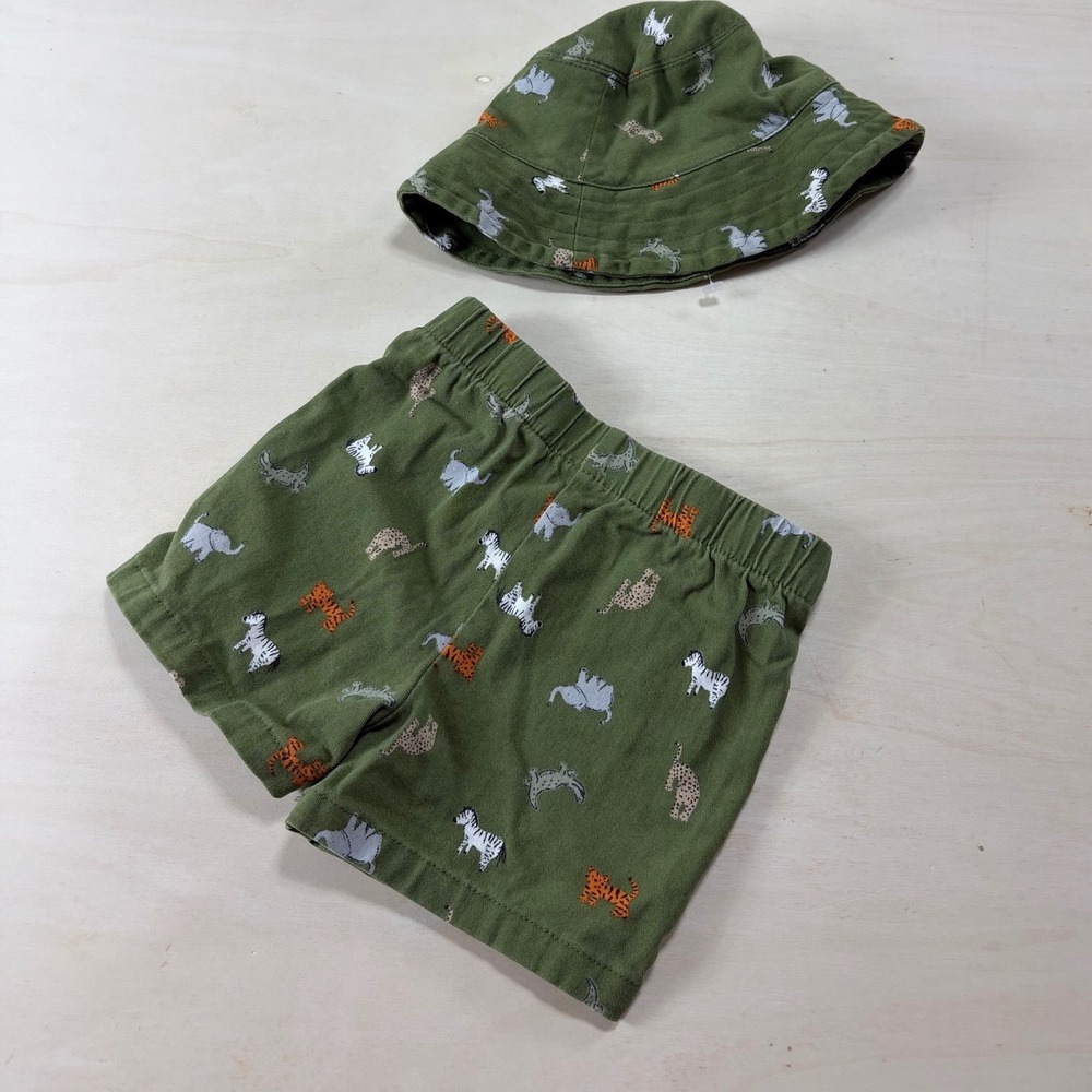 Minibean Baby Boys Olive Green Safari Animal Print Shorts and Bucket Hat Set3-6M